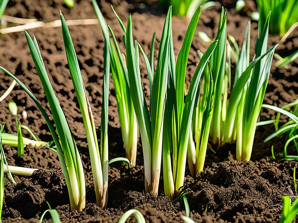 Крупный план появляющихся зеленых ростков чеснока из весенней почвы