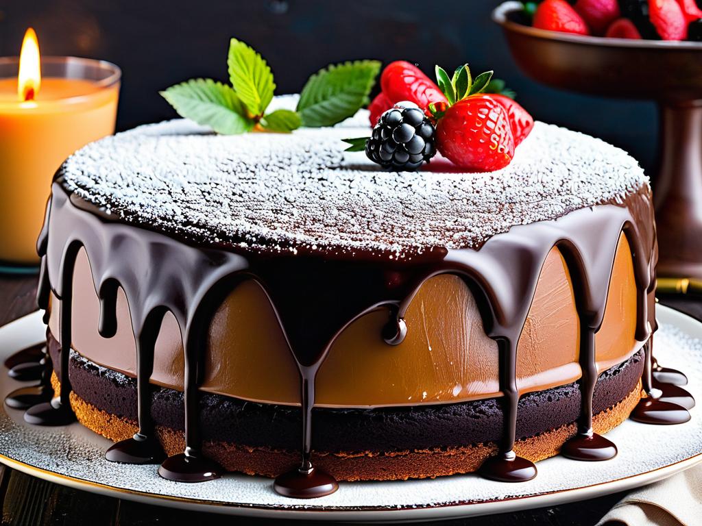Торт «Чародейка» покрыт шоколадной глазурью и наполнен вкусным кремом
