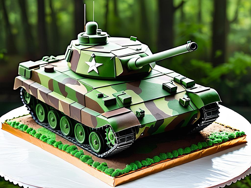 Фото готового торта в форме танка в камуфляжной раскраске с башней из крема сверху