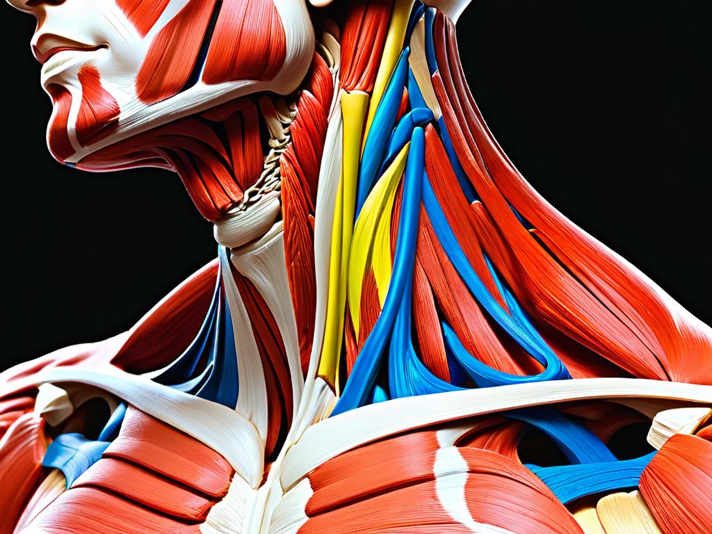 Поверхностные мышцы шеи, включая грудино-ключично-сосцевидную и трапециевидную мышцы, выделенные на