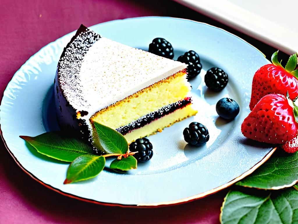 Кусочек торта Татьяна на тарелке с ягодами и листьями