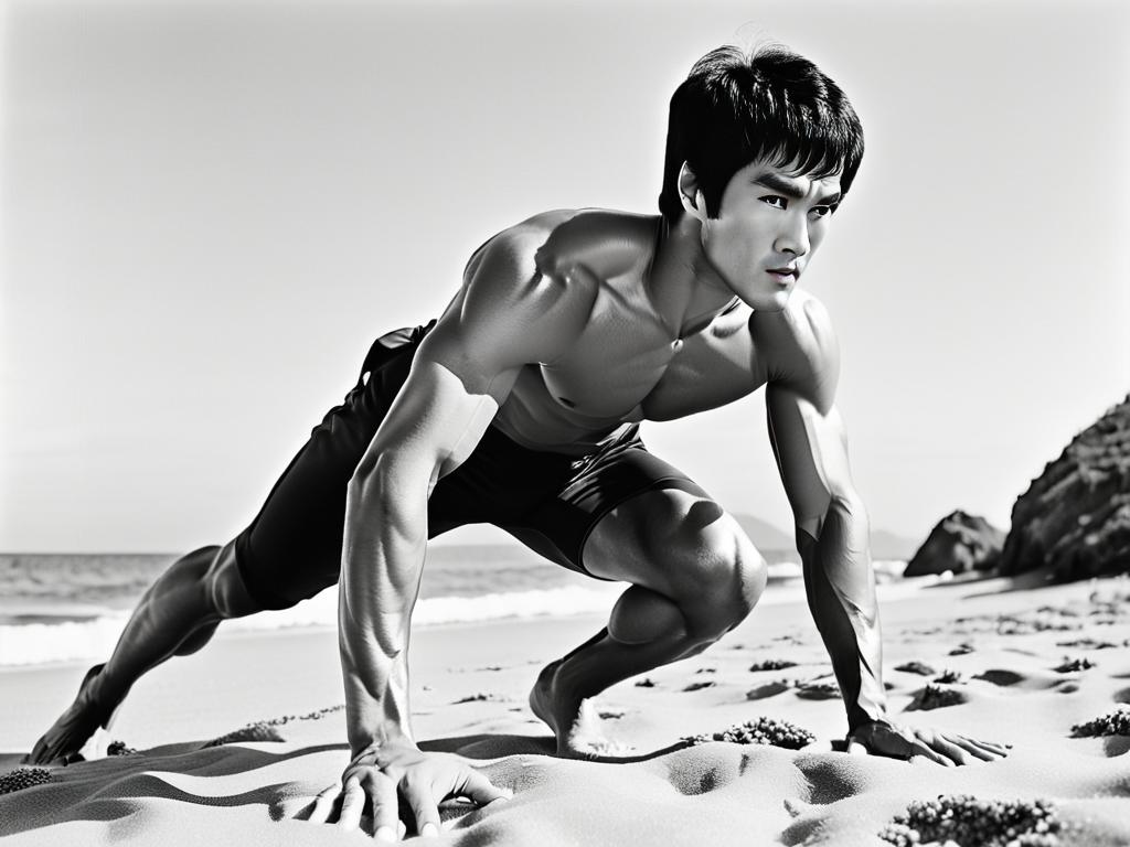 Брюс Ли тренируется на пляже, делая отжимания без рубашки, с сосредоточенным выражением лица, мышцы