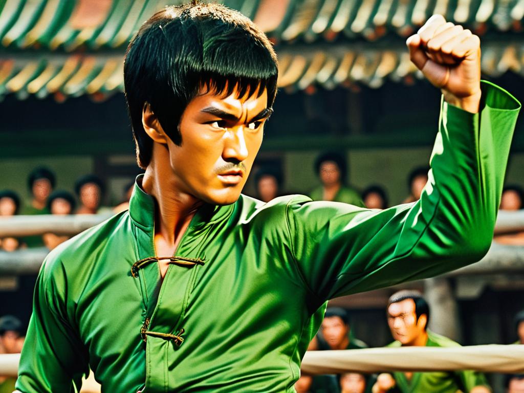 Брюс Ли наносит удары ногами и руками во время съемок боевой сцены, очень сосредоточен, в зеленой