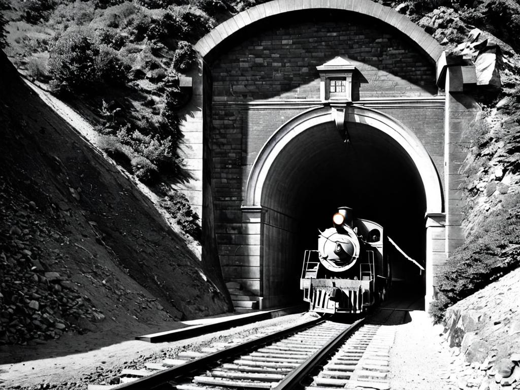 Старинная черно-белая фотография поезда, выезжающего из туннеля