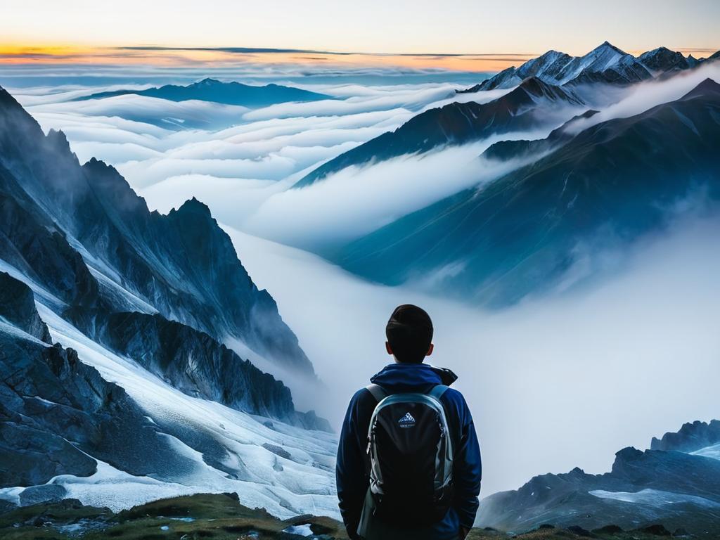 Человек смотрит на горный пейзаж в тумане
