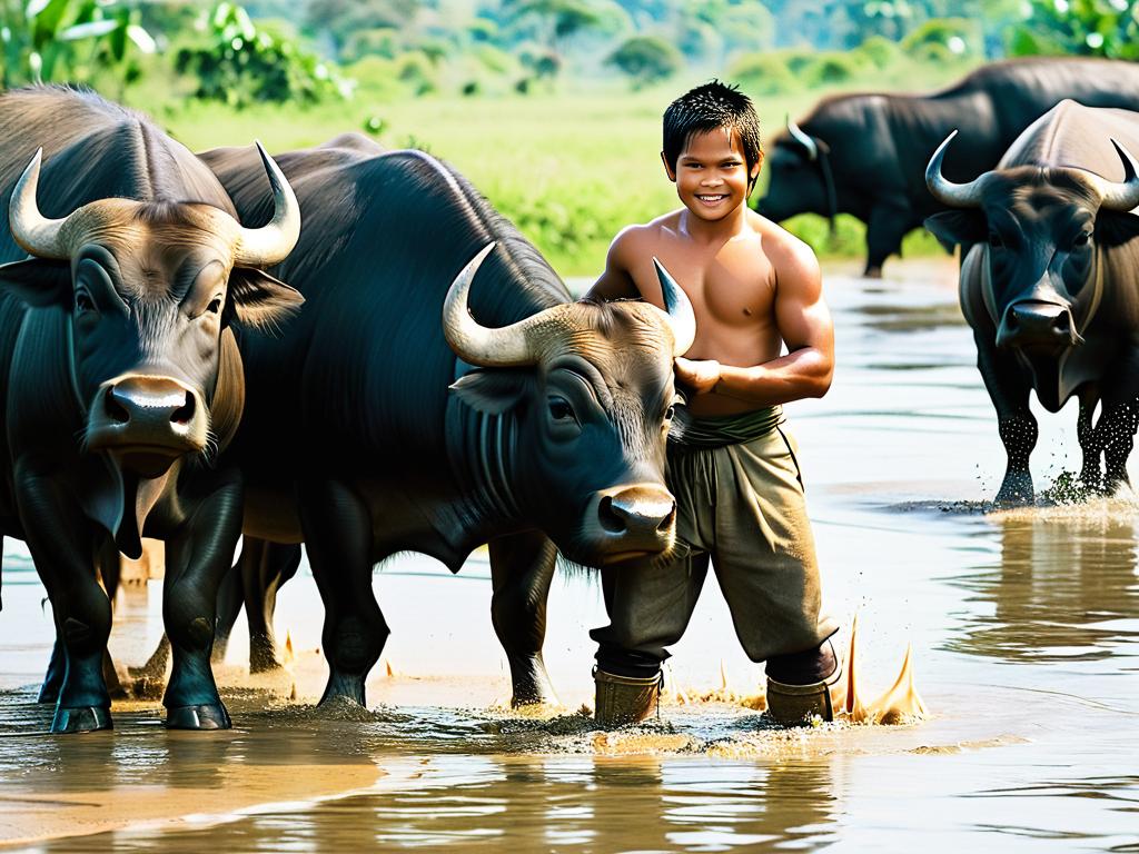 Маленький Тони Джа с водяными буйволами
