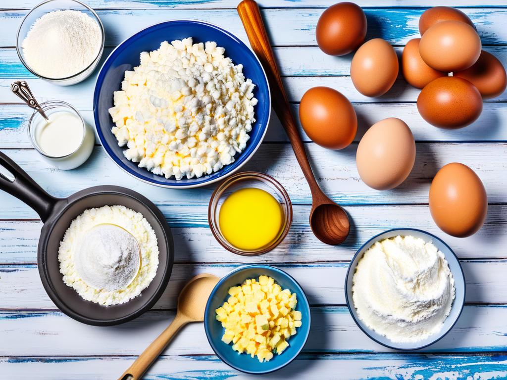 Ингредиенты для приготовления творожников - творог, яйца, мука, сахар