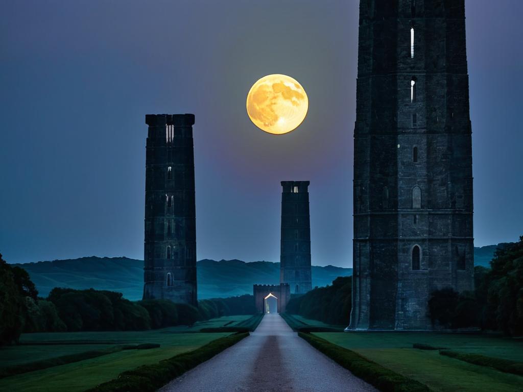 Фото убывающей луны над дорогой между двумя башнями