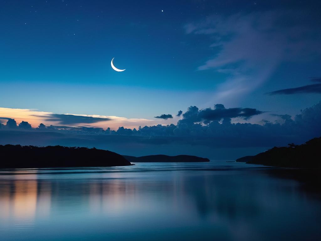 Изображение убывающей луны сквозь облака над водой ночью