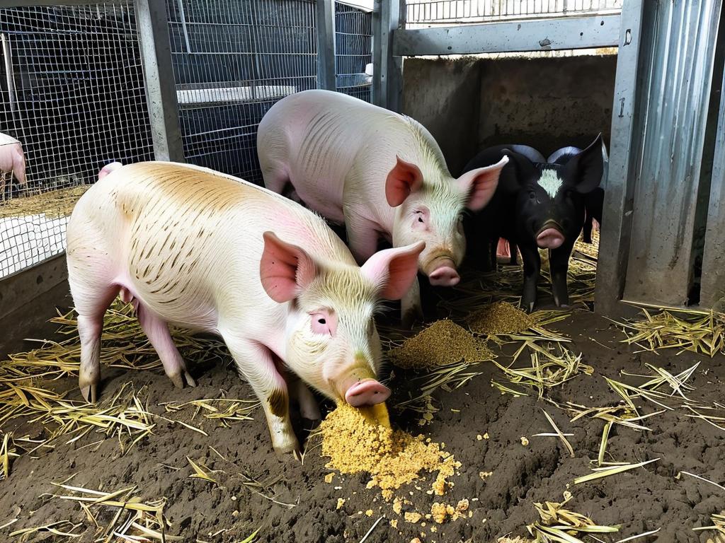 Свиньи едят комбикорм из кормушки в свинарнике