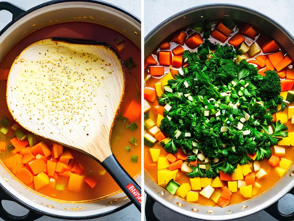 Добавление овощей и специй в суп из трески