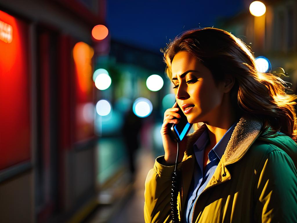Женщина делает экстренный вызов по мобильному телефону ночью