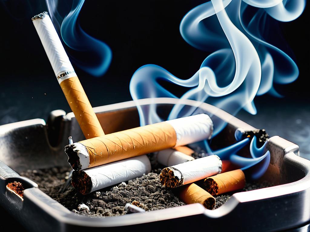 Крупным планом сигареты и зажигалка в пепельнице с дымом, означающие отказ от курения, чтобы