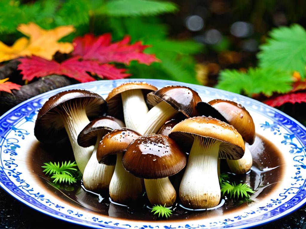 Мокрые белые грибы на тарелке
