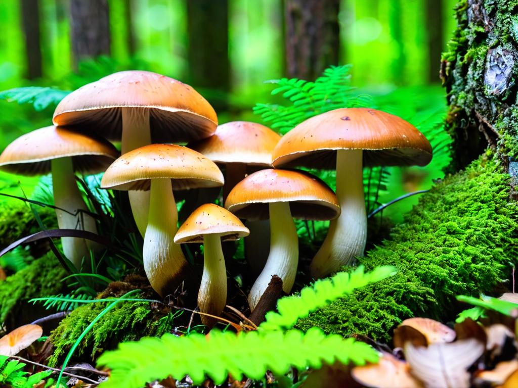 Свежие белые грибы в лесу на дереве