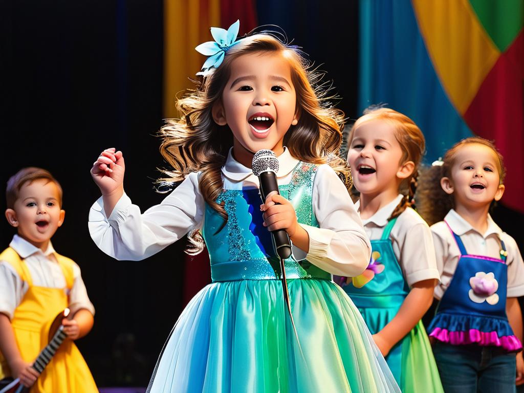 Маленькая девочка поет песню на сцене детского музыкального конкурса