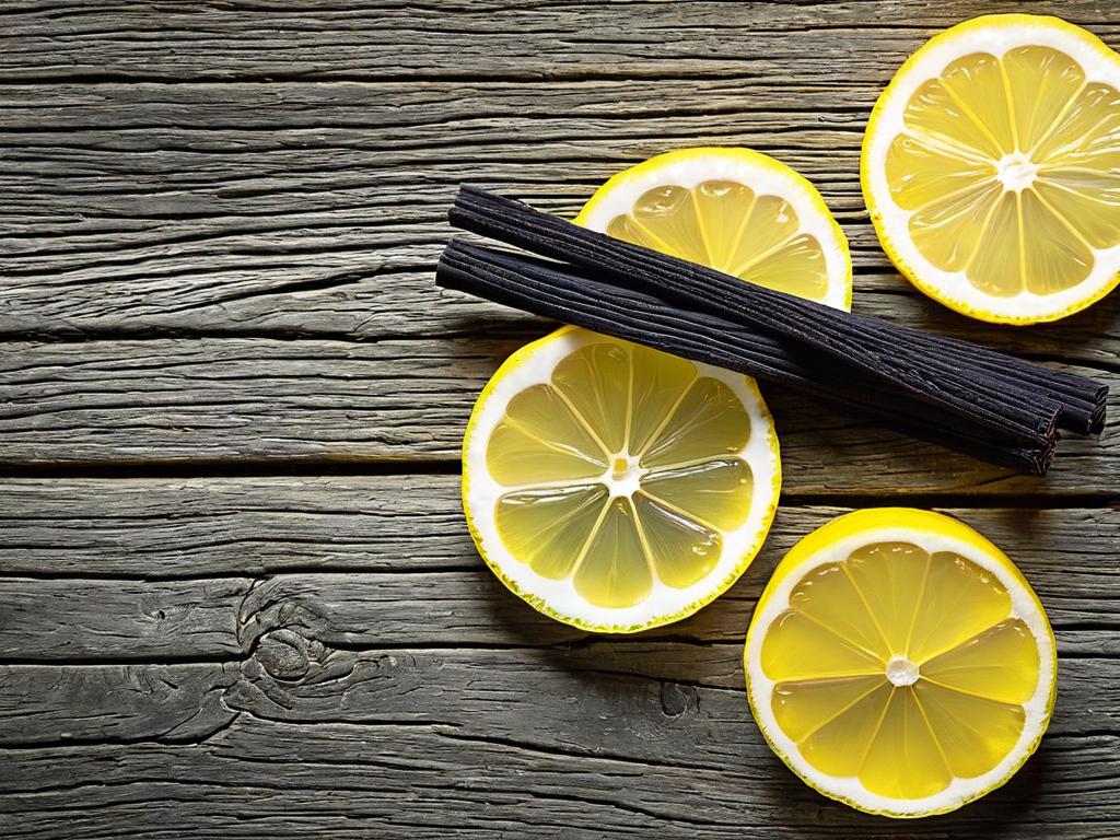 Палочки солодки и ломтик лимона на старом деревянном фоне