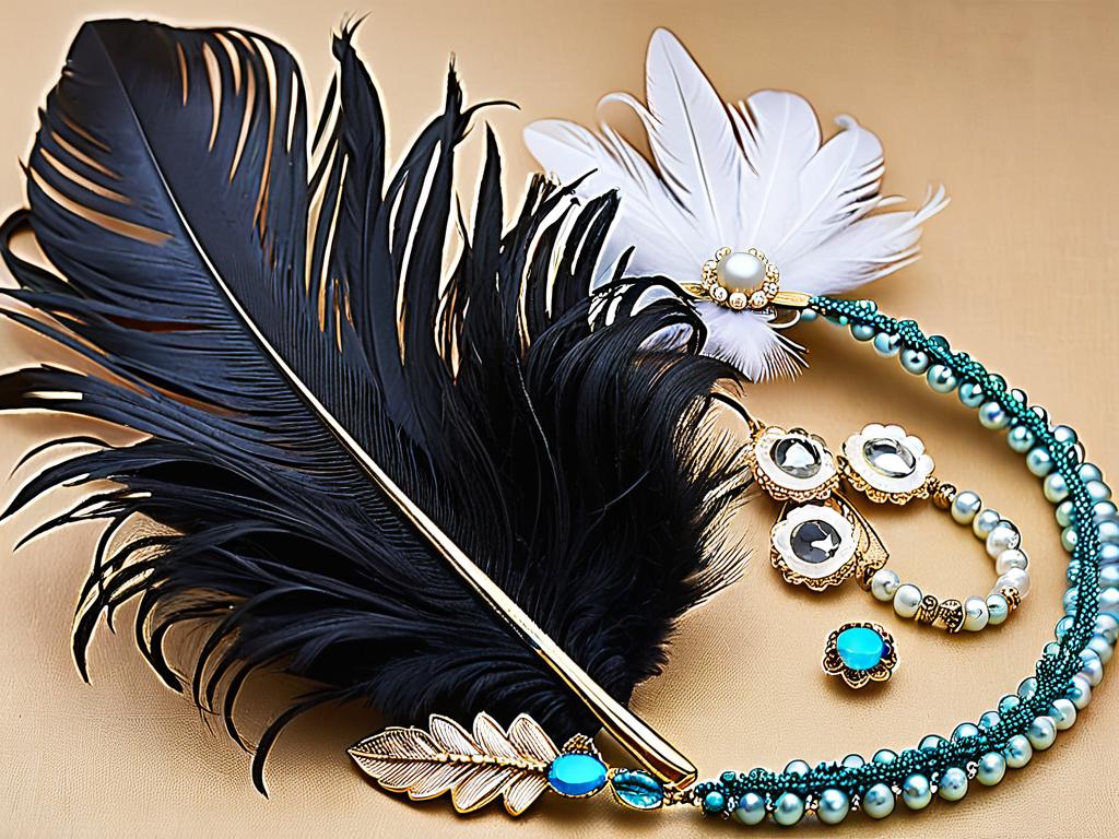 Винтажные украшения для волос: гребни с перьями, жемчужные ожерелья, ободки с бисером