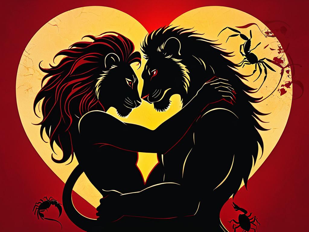 Силуэты льва-мужчины, обнимающего скорпиона-женщину, на фоне красного сердца как символ