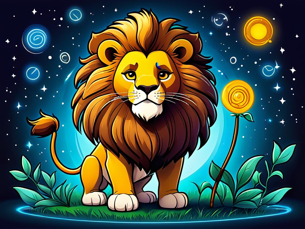 Мультипликационное изображение льва, олицетворяющего знак Льва, демонстрирующее его основные черты,