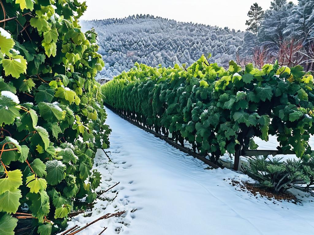 Лоза винограда, укрытая сосновым лапником для защиты от зимних холодов