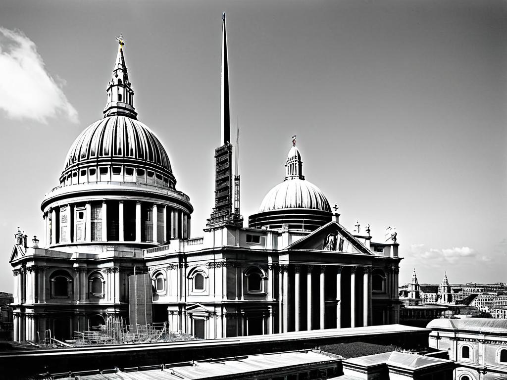 Черно-белая фотография купола и части фасада собора Святого Павла во время строительства в конце