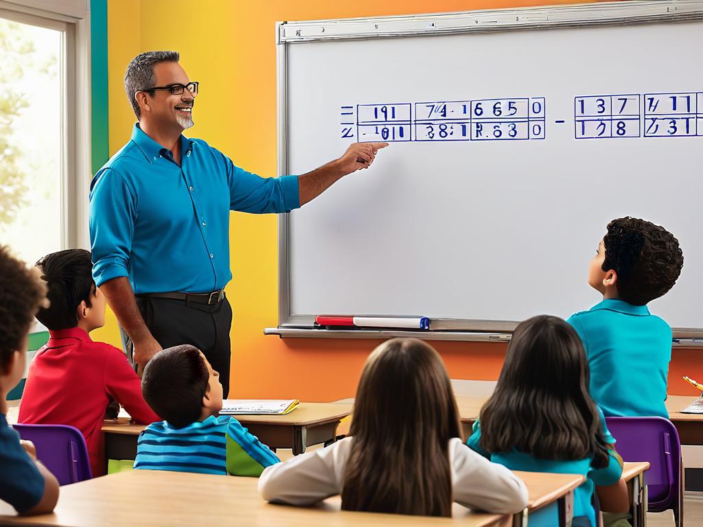 Учитель математики объясняет ученикам сложение и вычитание дробей в классе