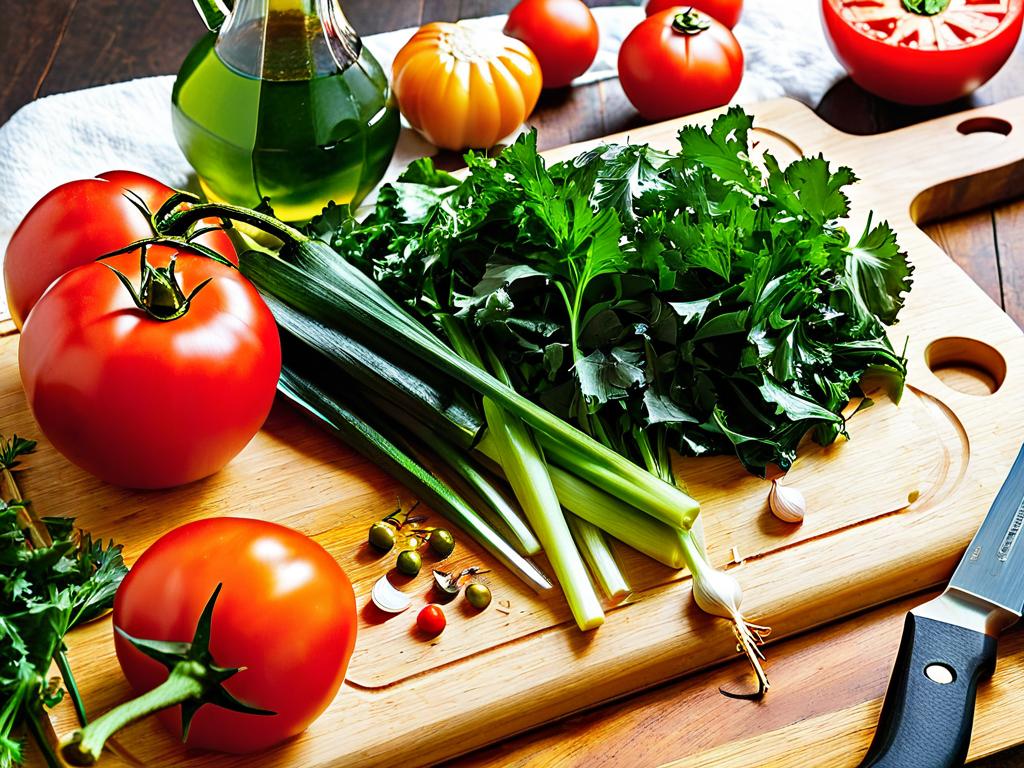 Красный острый перец чили, помидоры, чеснок и зелень на разделочной доске с ножом, ингредиенты для