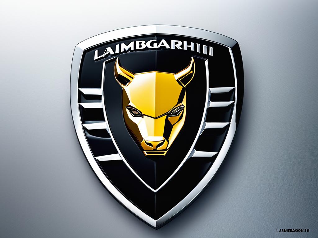 Логотип Lamborghini на фоне элементов истории компании. Более 5 слов описания только на русском.