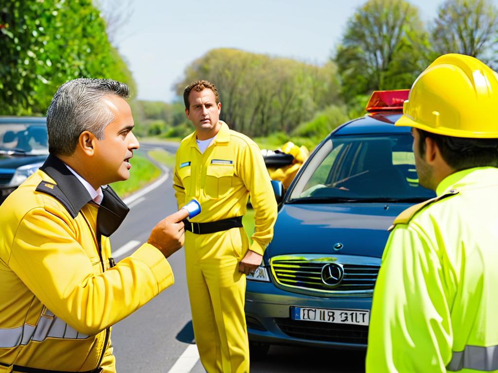 Человек в желтой униформе разговаривает с водителем у разбитой машины