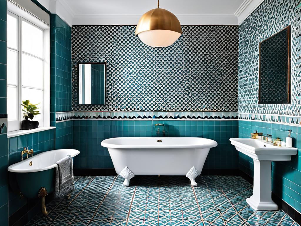 Ванная комната с плиткой на стенах и полу в оригинальном геометрическом орнаменте