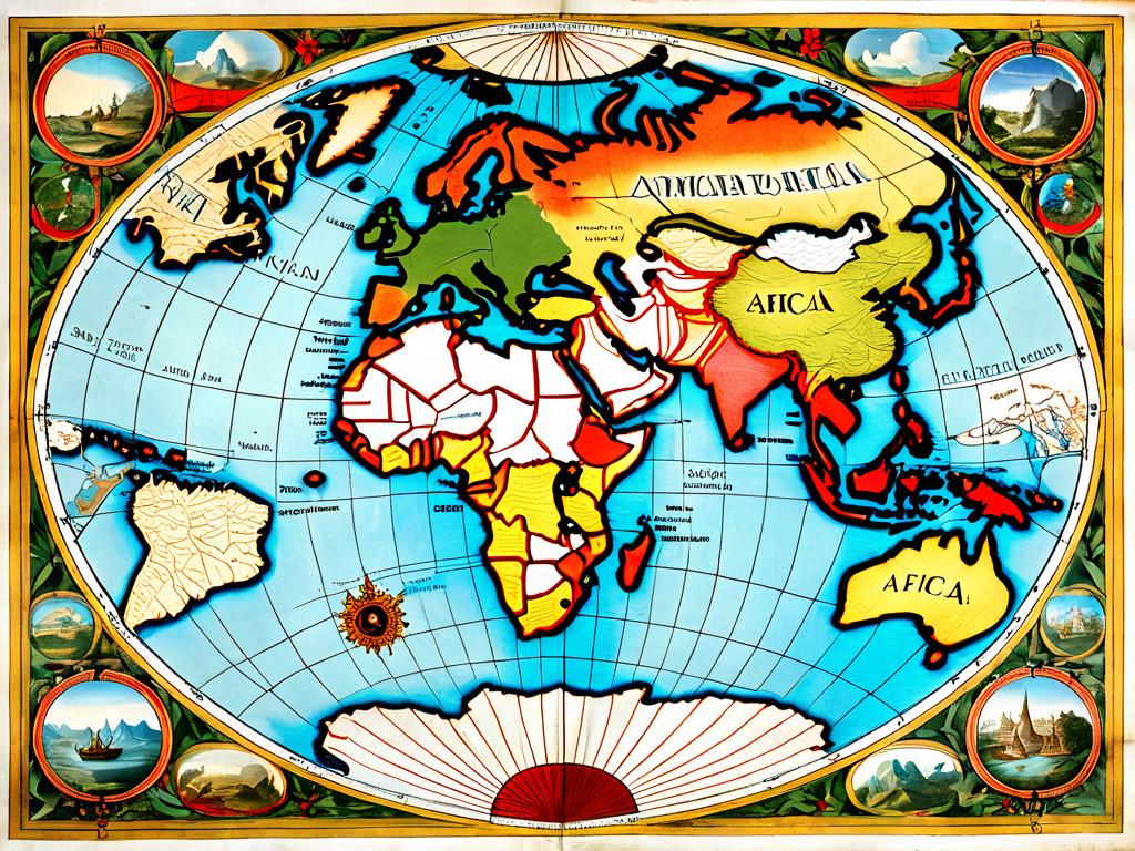 Древняя географическая карта с тремя изначальными частями света – Европой, Азией и Африкой
