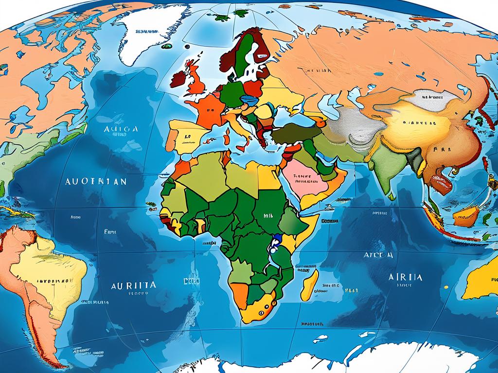 Современная карта с современным делением суши на 6 частей света – Европу, Азию, Африку, Северную
