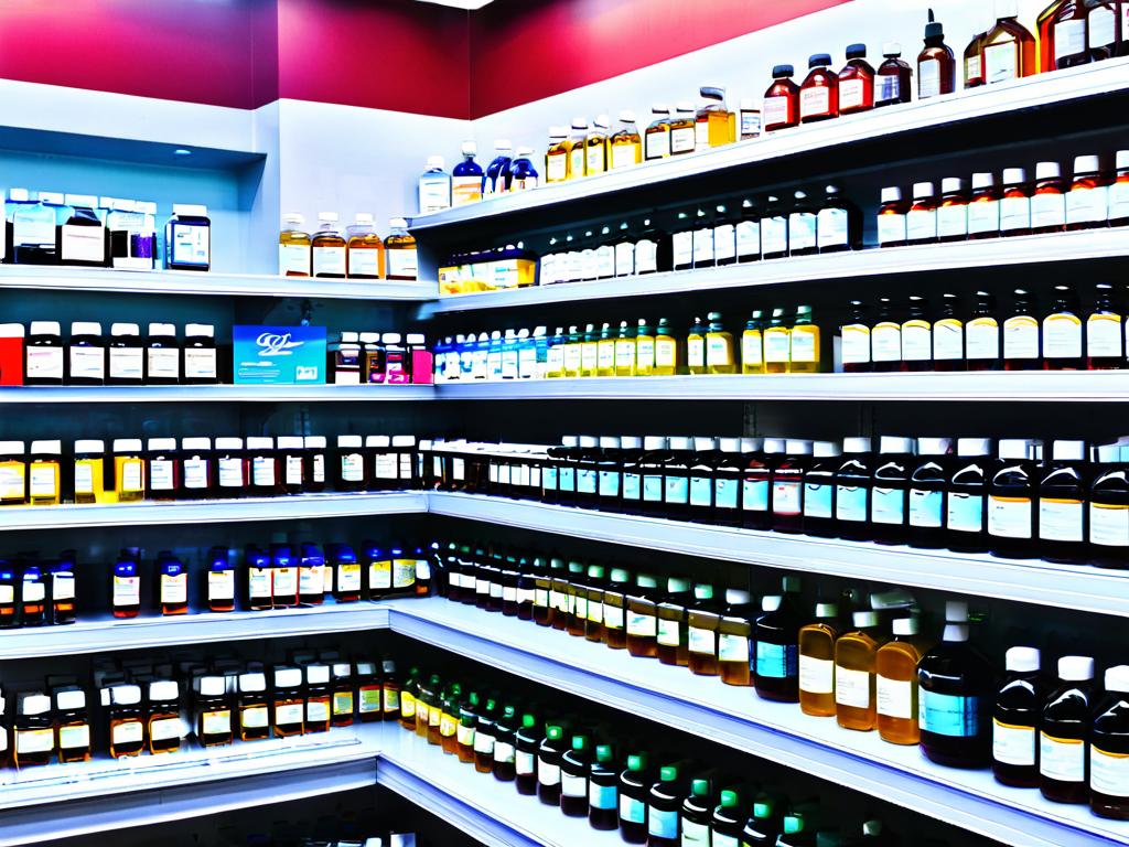 Полки аптечного магазина с сиропами и другими лекарствами