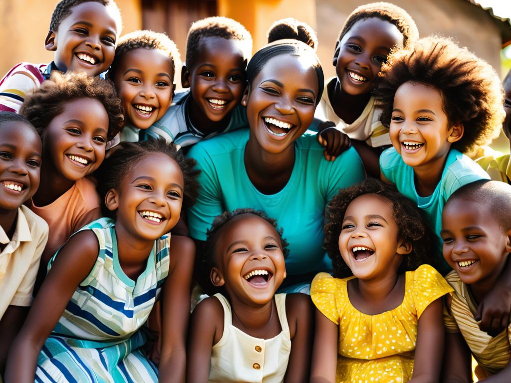 Большая африканская семья с многими детьми смеется