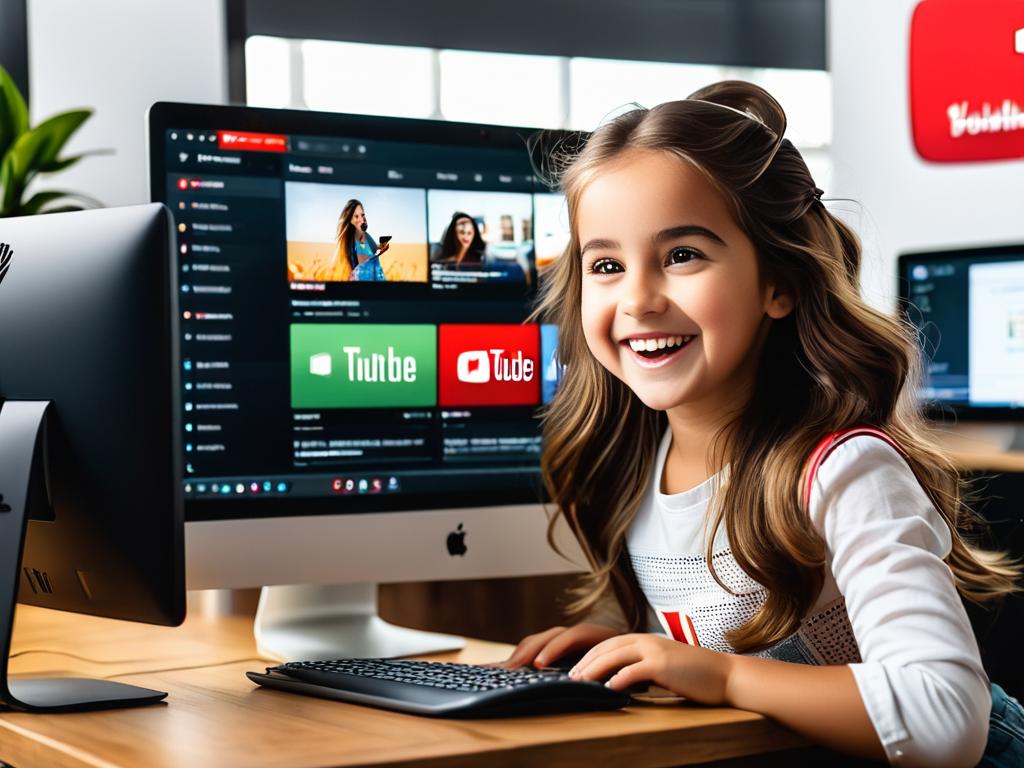 Фото веселой девушки перед компьютером. Она проверяет в аналитике ютуб канала растущие цифры