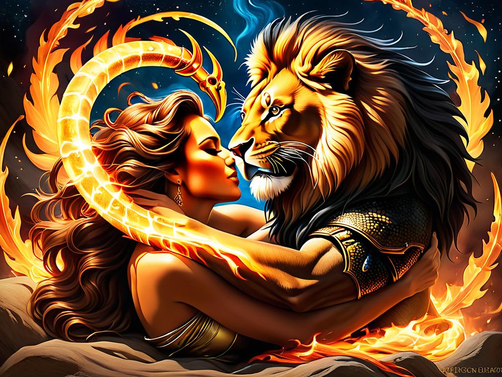 Лев и скорпион в страстных объятиях с огнем
