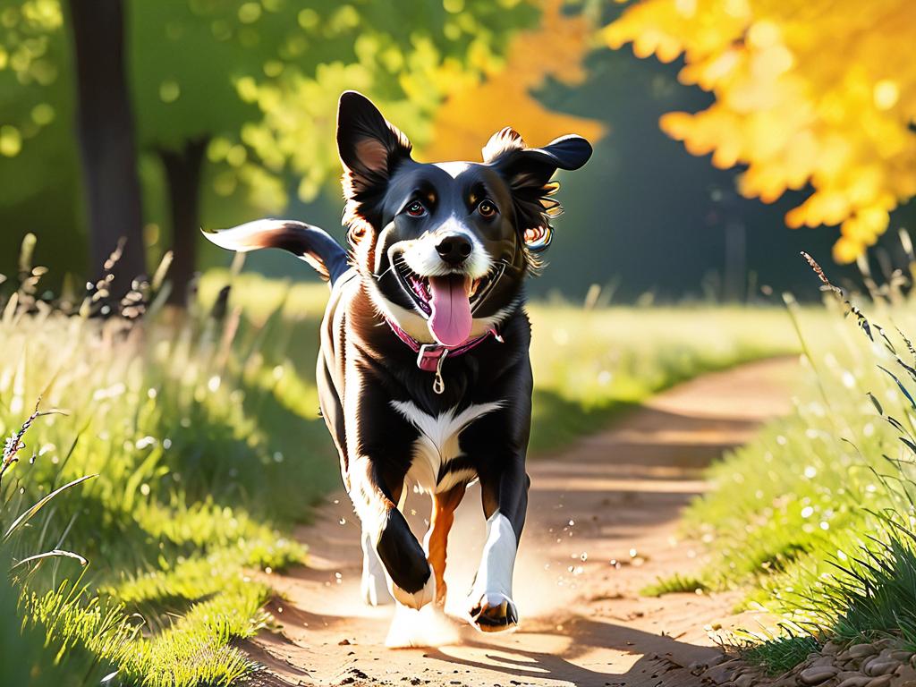 Счастливая собака-самка гуляет на улице во время течки