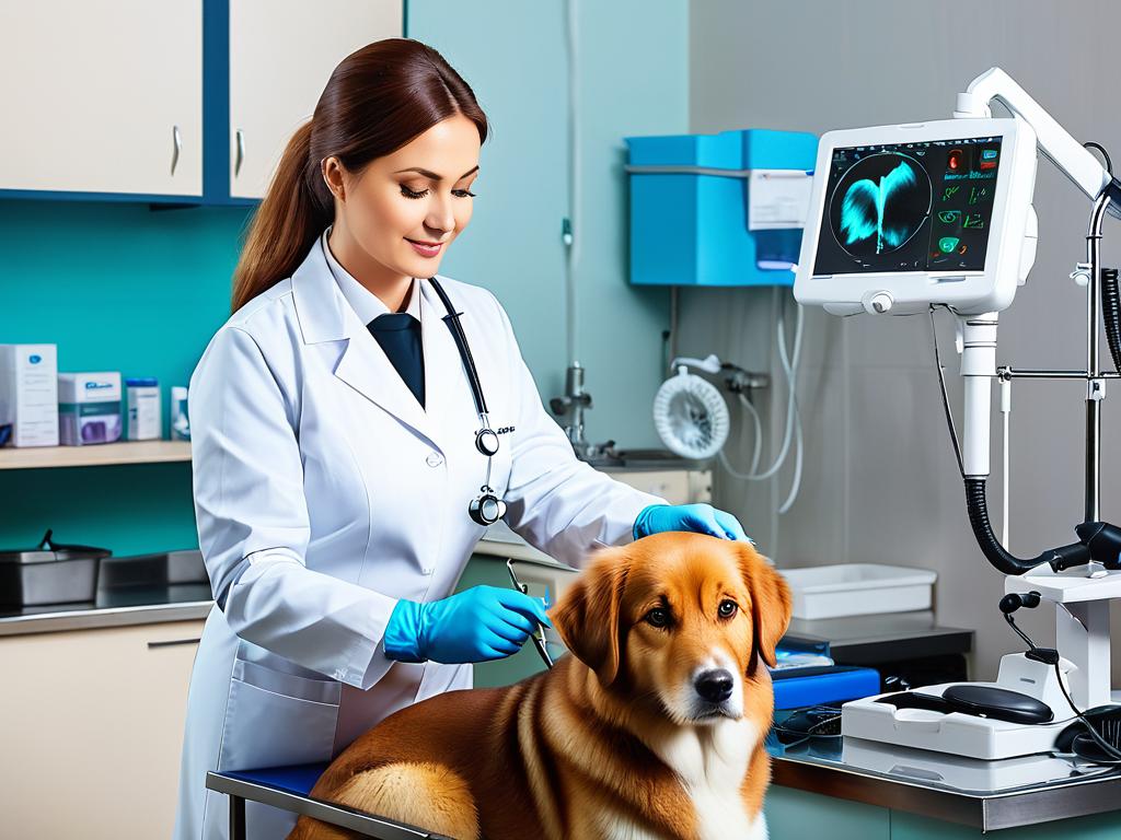 Ветеринар осматривает собаку в клинике с использованием медицинского оборудования