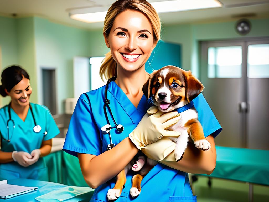 Ветеринар в медицинской одежде держит щенка и улыбается