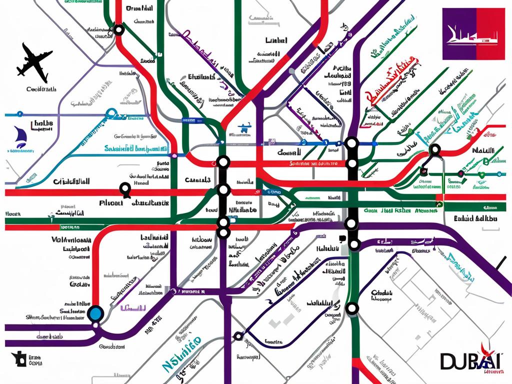 Схема метро Дубая с подсветкой красной, зеленой и фиолетовой линий. Названия станций на английском