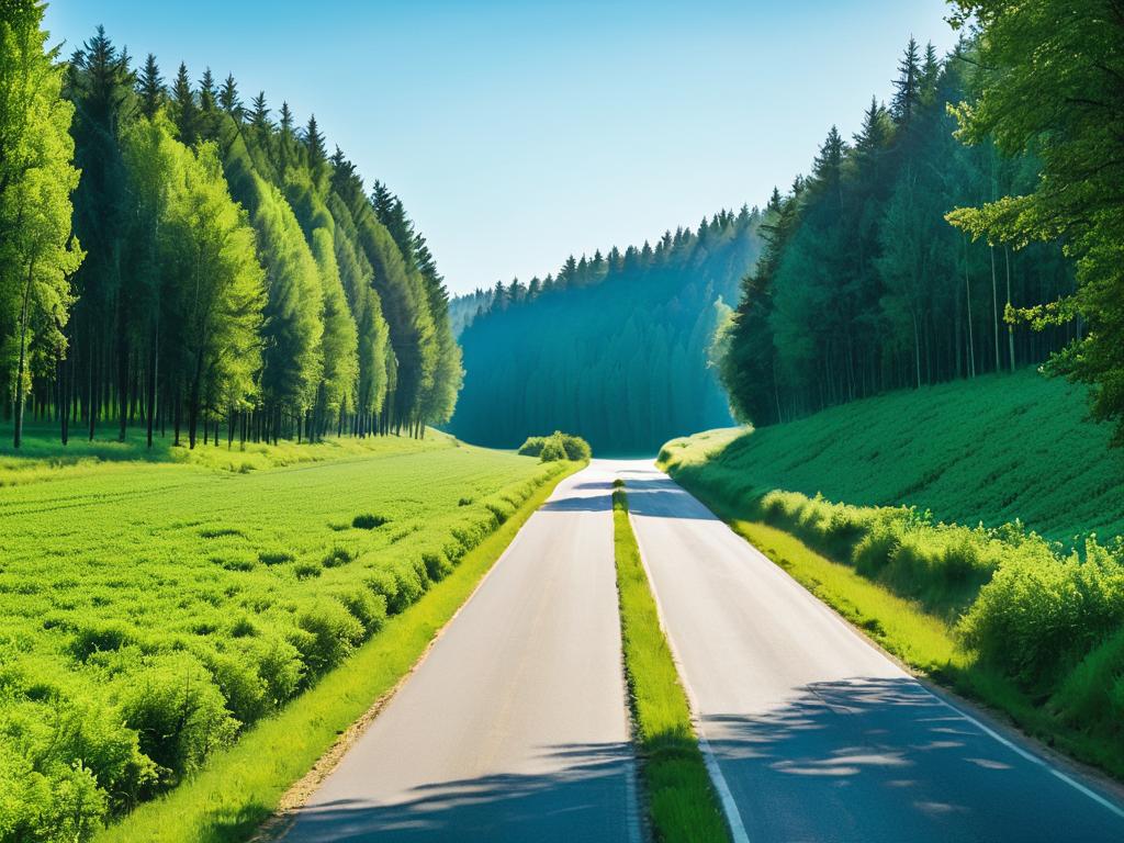 Дорога, уходящая вдаль сквозь зеленое поле и лес с голубым небом в солнечный день