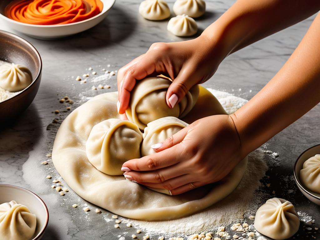 Руки женщины замешивают тесто для мант на кухонной столешнице