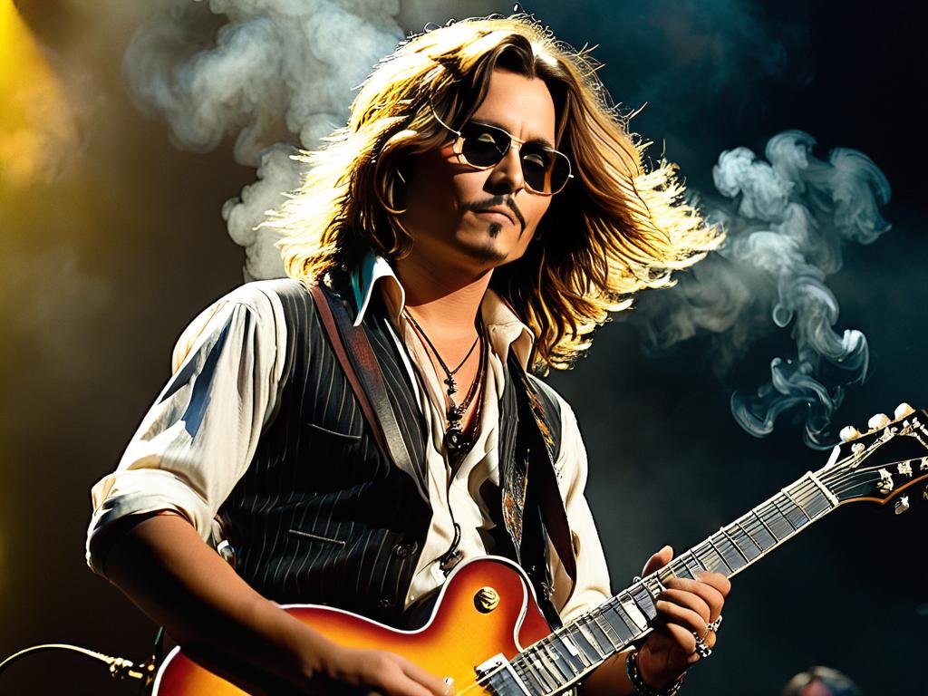 Молодой Джонни Депп с длинными волосами играет на гитаре на сцене во время концерта, вокруг клубы