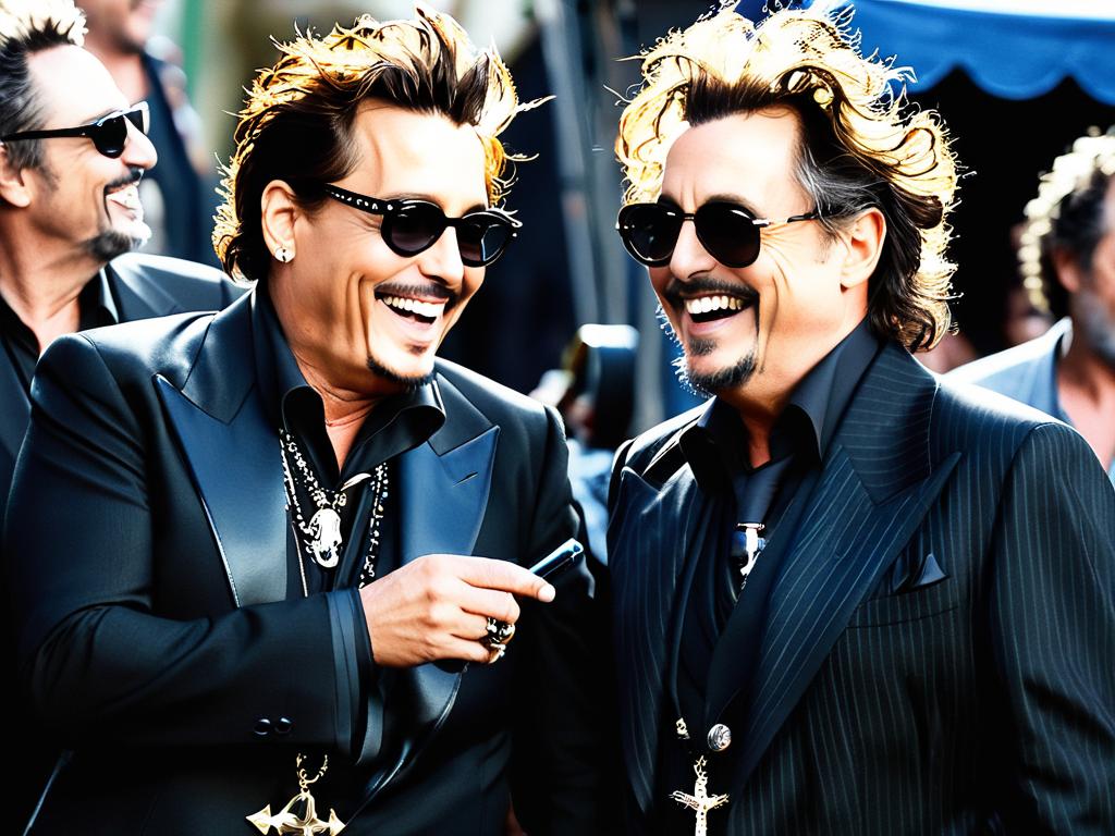 Джонни Депп и Тим Бертон вместе смеются на съемочной площадке, оба в черных солнцезащитных очках.