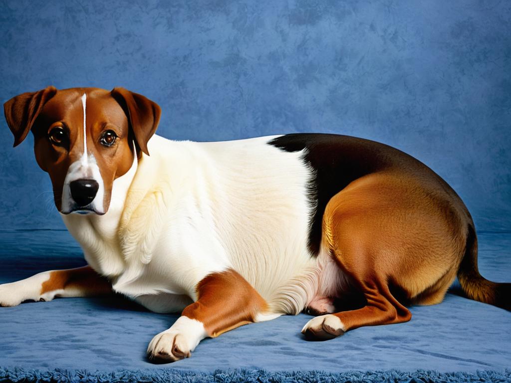 Фото беременной собаки с большим животом. Иллюстрирует поздний срок беременности.