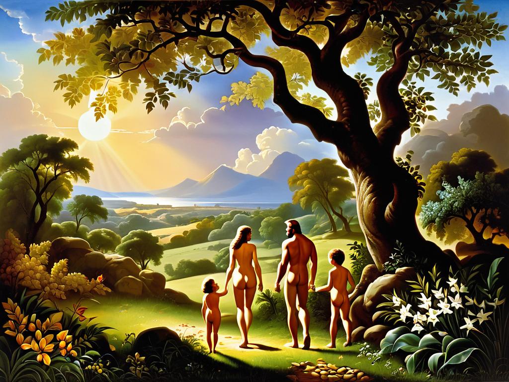 Картина с изображением Адама, Евы и их детей Каина, Авеля и Сифа
