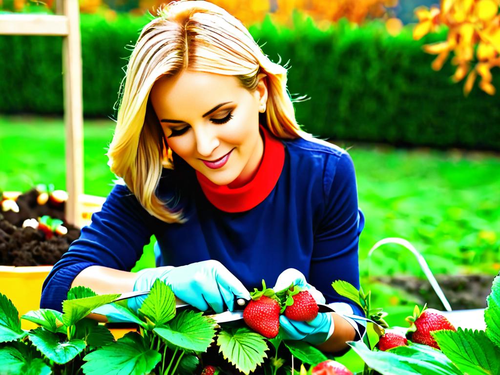 Женщина в перчатках обрезает ножницами листья клубники осенью в саду