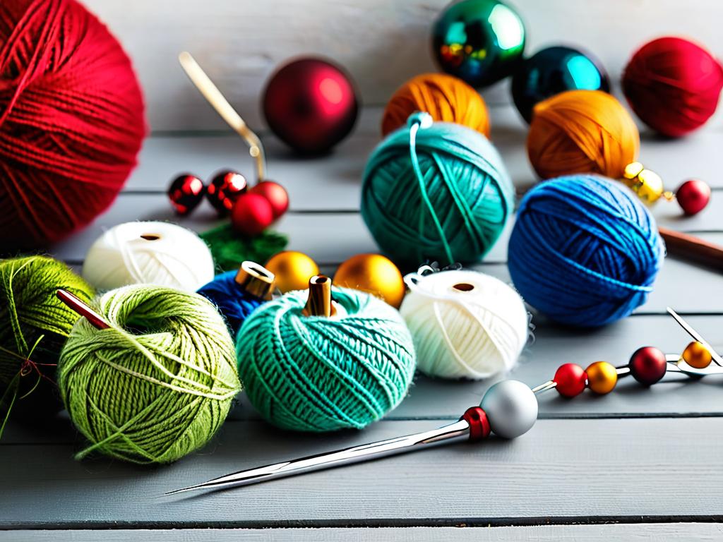 Разноцветная пряжа и крючок для вязания новогодних игрушек