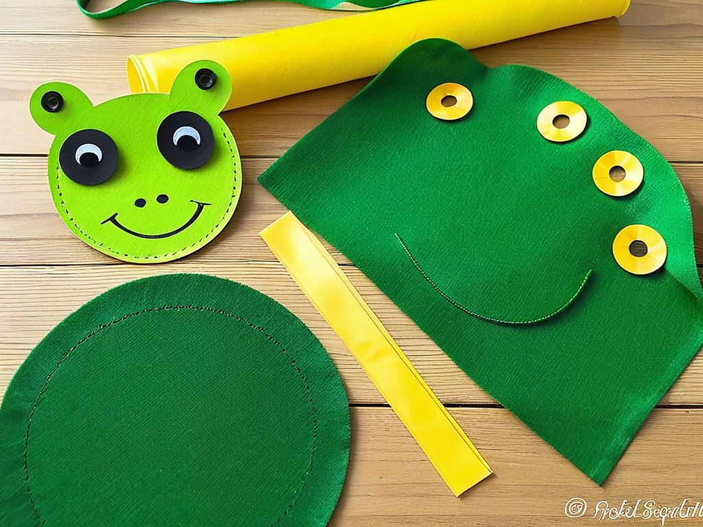 Материалы для изготовления простого костюма лягушки - зеленая ткань, желтый бархат, пластиковые